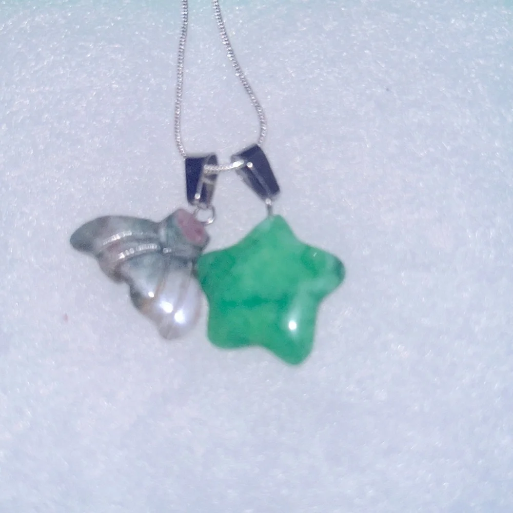 Boho hippie Jade Mermaid tail and Jade Star Sterling Silver Necklace 16”